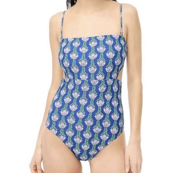 J. Crew Factory Blue Once Piece Cut Out Strapless Swimsuit Size M Flora Bandeau - Picture 2 of 12